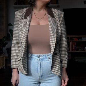 Grey and Taupe Plaid Cropped Blazer